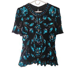 Vintage blue sequin floral top